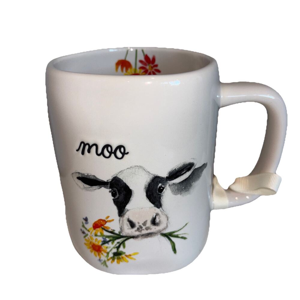 Rae Dunn Moo Cow Mug White Ceramic Farmhouse Farm Coffee Mug Floral NEW